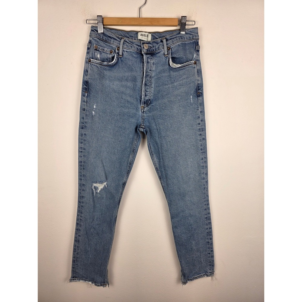 AGOLDE Nico High Rise Slim Leg Jeans Light Wash Distressed Raw Hem Size 29